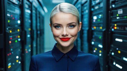 Confident woman in server room smiling, standing in the data center. The image highlights a professional atmosphere and technological advancement.  - Powered by Adobe