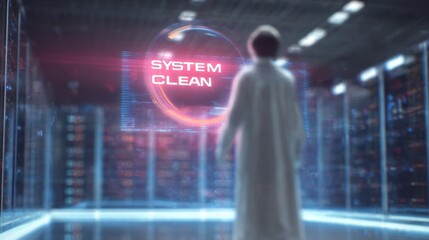 A focused view of a scientist in a lab coat observing a digital screen with 'SYSTEM CLEAN' displayed, conveying a sense of advanced technology.