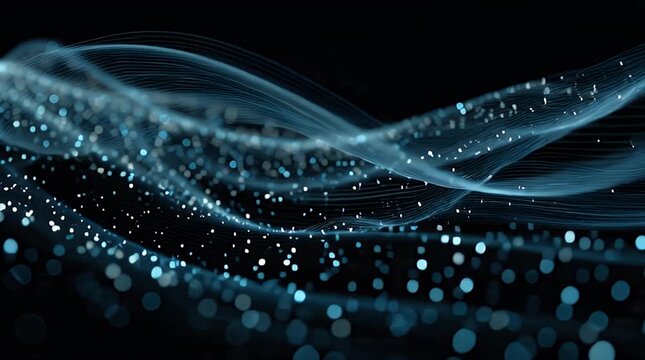 Abstract Blue Waves With Floating Particles And Light Streaks On Dark Background, Generative AI