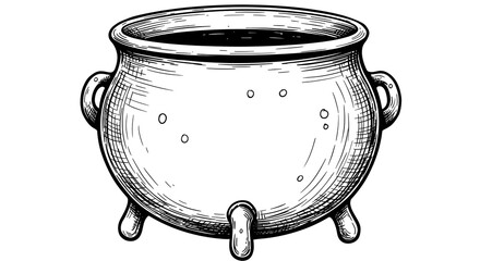 A detailed pen-and-ink drawing of a cauldron with liquid inside