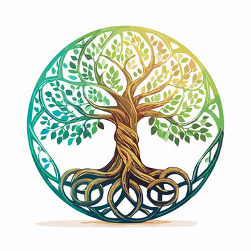 Dynamic Celtic Tree of Life illustration, embodying interconnectedness, growth, and ancient wisdom through vibrant colors and intricate, circular knotwork