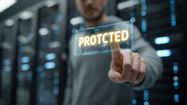A young Caucasian man working in a data center touches a holographic interface displaying the word 'Protected', emphasizing cybersecurity. - Powered by Adobe