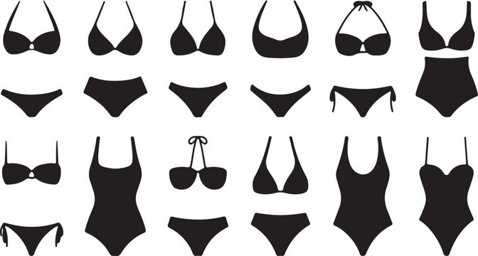 Swimsuit icon. Set of swimsuits icons. Vector illustration. Swimsuits vector icons. Black swimsuit icons