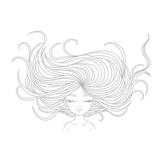 Vector art of a beautiful illustration of a young womans face with her eyes closed and a gentle smile, surrounded by a cascade of long, flowing, wavy hair