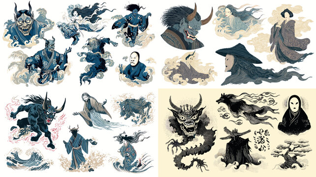 Traditional Japanese yokai and oni spirits in mystical style. Mythical demons, dragons, and ghosts inspired by folklore art, perfect for tattoo, fantasy, or cultural illustration.