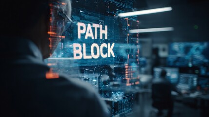 A male professional focuses on digital displays showcasing a 'Path Block' alert in a high-tech control room.