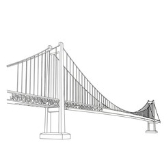 Vector art of dramatic perspective of a suspension bridge, showcasing its strong cables and towers against a clear sky, representing connection, engineering, and travel