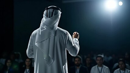 Emirati business leader in a traditional ghutra presenting to an audience at a conference. For UAE business forums, government content, leadership seminars & corporate visuals for the Gulf region. - Powered by Adobe