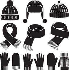Winter scarf, hats, gloves and mittens black silhouettes vector set