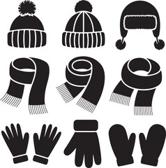 Winter scarf, hats, gloves and mittens black silhouettes vector set