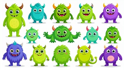 Obraz premium Cute monsters. Halloween cartoon monsters characters, funny fluffy creature, gremlin 