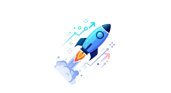Blue rocket ship launching with flames startup concept, business growth, innovation, and technology vector illustration