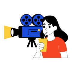 Stylized illustration of a woman with black hair wearing an orange shirt drinking from a yellow cup with a straw next to a vintage blue movie camera on a 