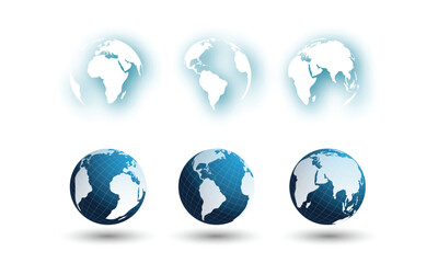 Set of 3D and glowing globe illustrations showing different world views on white background