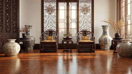 Classic Chinese-style living room interior with antique wooden chairs, porcelain vases, lattice windows, and polished wood floors, 3D render