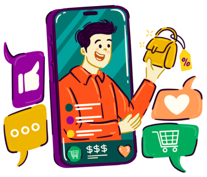 Smiling Man Hosts Product Review Livestream on Smartphone Showing Yellow Handbag with Sale Tag and Social Media Icons Like Thumbs Up Heart and Shopping Cart - Powered by Adobe