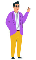 Smiling Man Wearing Glasses Purple Cardigan White Collared Shirt and Yellow Pants Waving Hello in a Friendly Gesture Isolated on White Background