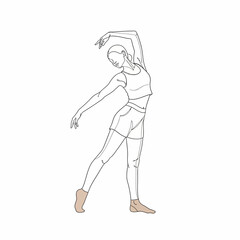 Vector art of line drawing of a female dancer stretching her body to the side with one arm raised above her head and the other extended