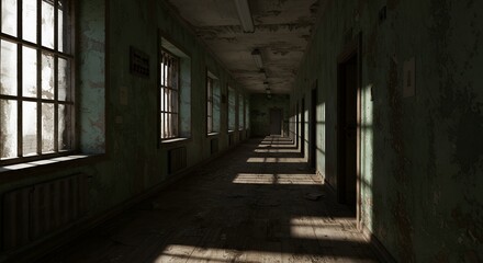 Obraz premium Sunlight streams through barred windows in a dilapidated hallway, casting long shadows.