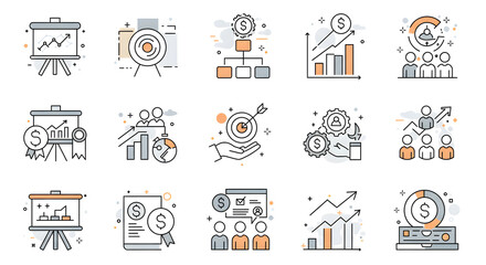 Vector icon collection illustrating concepts of corporate finance, goal setting, team strategy, and market growth