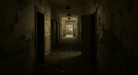 Obraz premium Dim hallway reveals a barred gate at the end of a deteriorating, aged building.