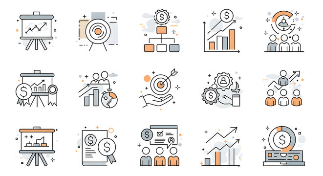 Vector icon collection illustrating concepts of corporate finance, goal setting, team strategy, and market growth
