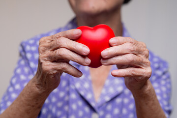 Elderly hands holding red heart for heart disease awareness.