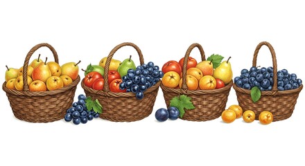 Four woven baskets overflow with a colorful assortment of fresh, juicy, ripe fruit.