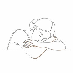Vector art of minimalist line art illustration of a person resting their head on their arms, eyes closed, conveying a sense of peace and relaxation