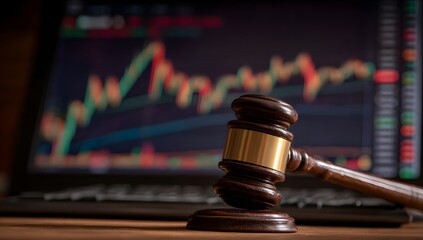 Wooden gavel rests on a desk in front of a blurry computer screen displaying financial market trading charts and graphs