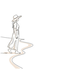 Vector art of a woman in a widebrimmed hat and flowing dress walks along a winding path near the waters edge