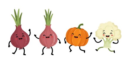 Naklejka premium Cheerful cartoon vegetables joyfully leap and dance together against a blank white background.