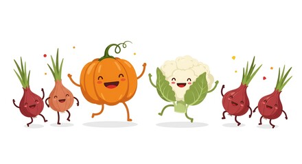 Naklejka premium A whimsical cartoon illustration of joyful pumpkin, cauliflower, and onions dancing happily.