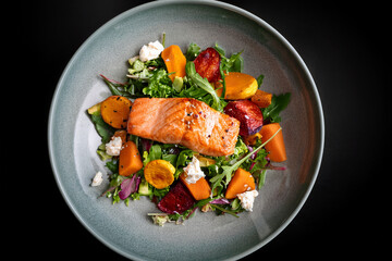 A vibrant plate of grilled salmon with sweet potatoes and greens promoting healthy eating habits
