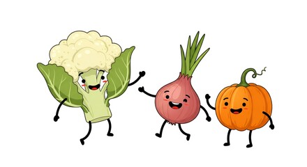 Obraz premium Cartoon vegetables celebrate friendship in a cheerful vector illustration on white background.