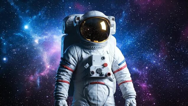 Astronaut floating in space with a nebula background and a reflective gold visor helmet