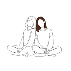 Vector art of a simple line art illustration of two young women sitting back to back with legs crossed, conveying friendship, companionship, and shared moments