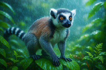 Naklejka premium Ring-tailed lemur with vivid orange eyes standing on wet jungle leaves during rainfall, surrounded by lush green foliage and soft light. Ai generative