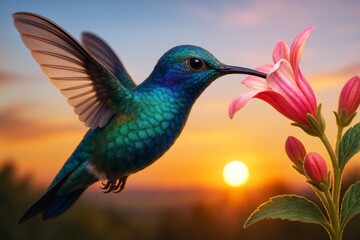 Fototapeta premium Vibrant hummingbird feeding from pink flower at sunset with warm glowing background and soft light, symbolizing nature's delicate harmony. Ai generative