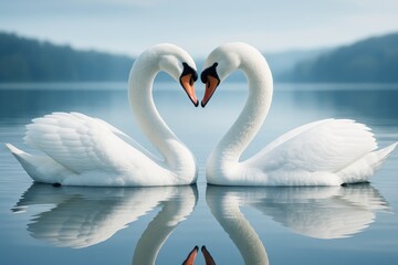 Fototapeta premium Two elegant swans forming a heart shape with their necks on a serene lake, soft light and misty background creating a peaceful romantic mood. Ai generative