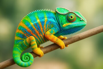 Obraz premium Vibrant multicolored chameleon perched on a branch in a vivid tropical environment with soft green background and natural light concept focus. Ai generative