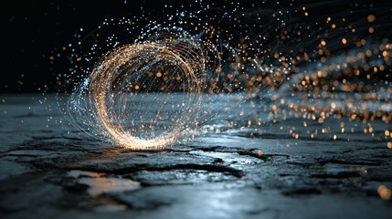 A hyperrealistic glowing orb surrounded by orbiting neon particles leaving luminous trails, symbolizing energy, motion, and the interconnected flow of futuristic technology.