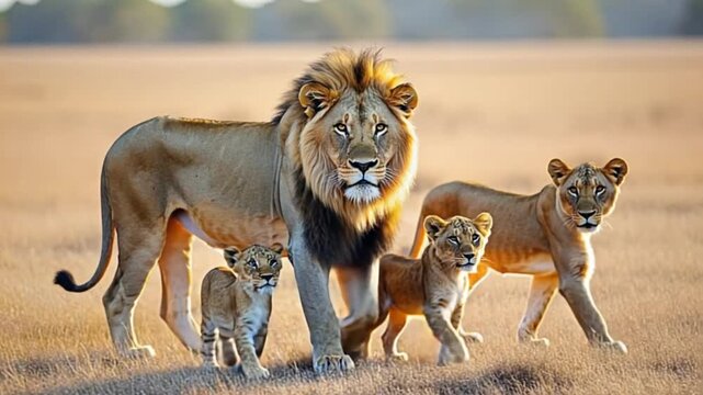 A pride of lions including a male lion two lionesses and two cubs walking in the savanna field lion video