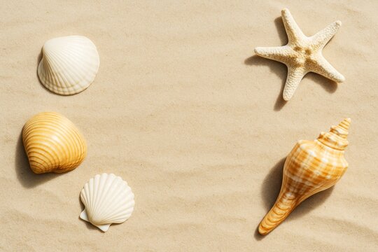 Top view of starfish and seashells arranged on smooth sand with copy space in center for summer design or beach vacation advertising concept. Ai generative