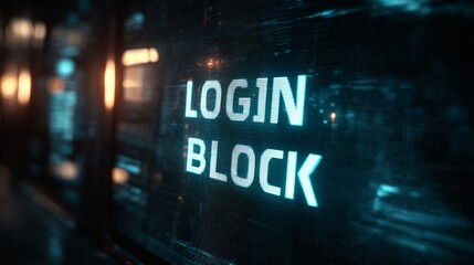 A futuristic digital display showing the text 'LOGIN BLOCK' in glowing blue letters.