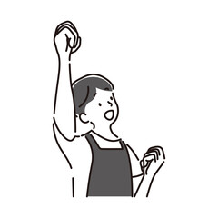 楽しく仕事をする若い笑顔の男性保育士のシンプルな白黒の線画イラスト素材