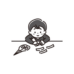 笑顔で工作をする男の子の白黒のイラスト素材