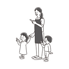 笑顔で手を繋ぐ女の子と男の子の園児と保育士の白黒のイラスト素材