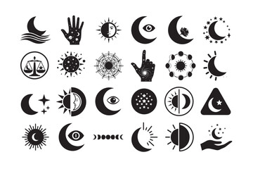 24 Celestial Sun and Moon Silhouette Collection. Spiritual Cosmic Vector Art.