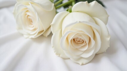 Two elegant white roses resting on a soft white fabric